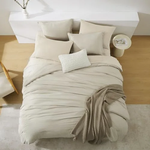 Comforter + Throw Bundles in Beige, Queen, detail view