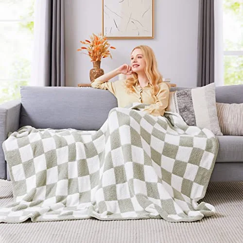 Checkered Knit Throw in Sage Green, Burnt Orange, detail view