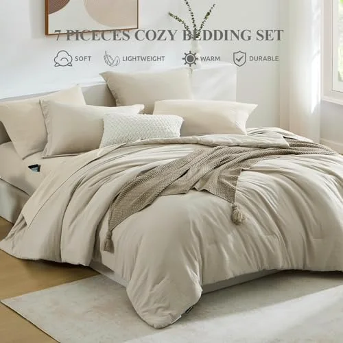 Comforter + Throw Bundles in Beige, Queen, detail view