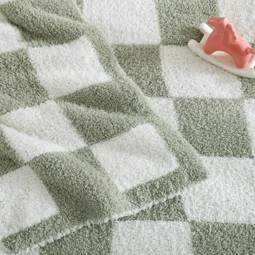 Checkered Knit Throw in Aloe Sage, detail view