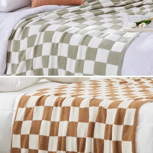 Checkered Knit Throw in Sage Green, Burnt Orange