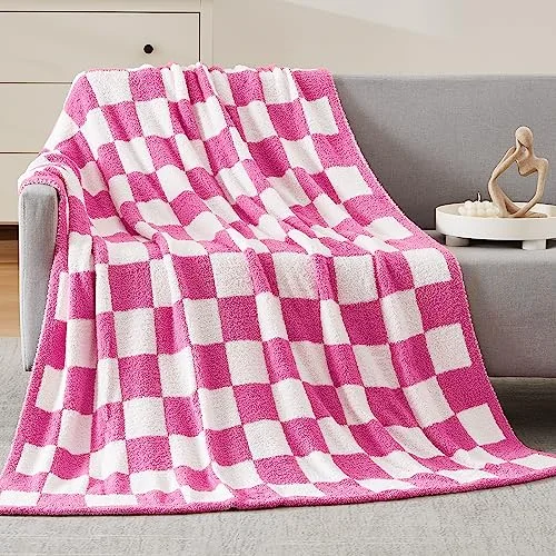 Checkered Knit Throw in Hot Pink