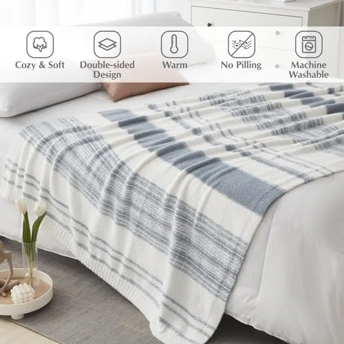 Reversible Knit Throw in Blue Striped, detail view