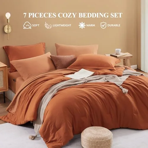 Comforter + Throw Bundles in Burnt Orange, Queen, detail view