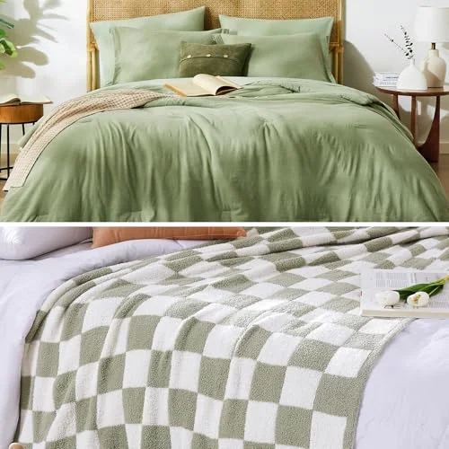 WRENSONGE Comforter + Throw Bundles in Sage Green, Queen