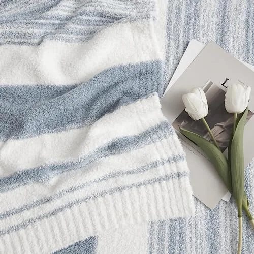 Reversible Knit Throw in Blue Striped, detail view